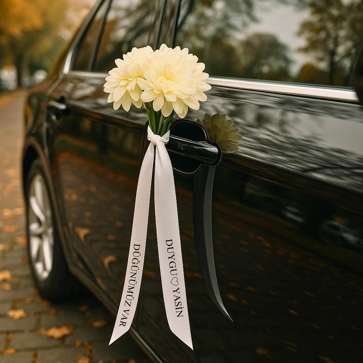 2 Adet Cicekli Gelin Araba Kurdelesi | Kişiye Özel İsimli Konvoy Süsü